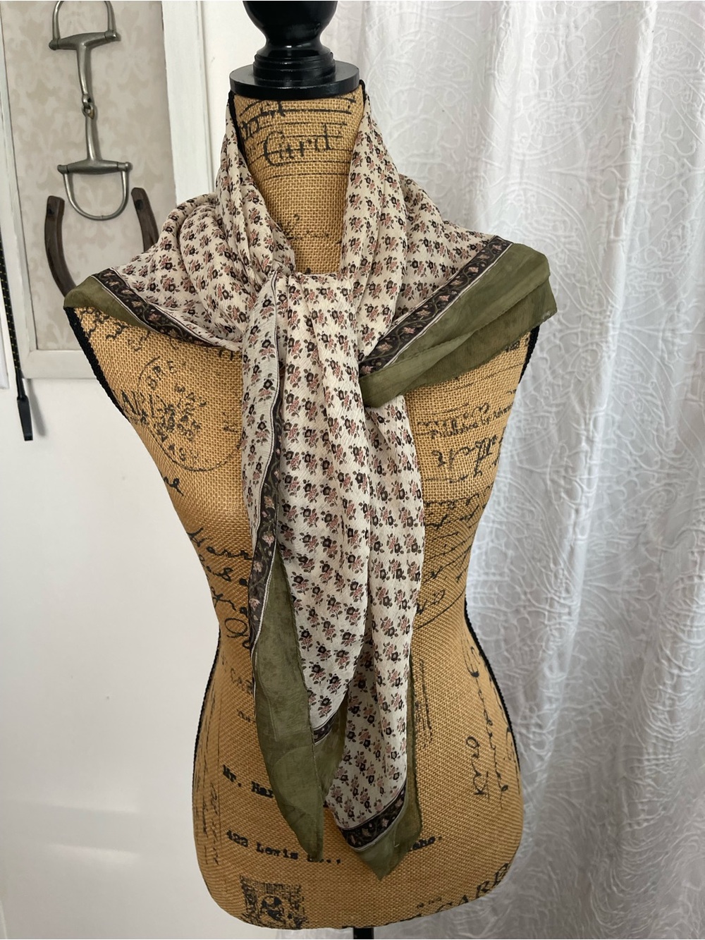 Micro Floral Print Scarf Neutral Palette Olive & Greige Sheer 42”x 42”in Sq.